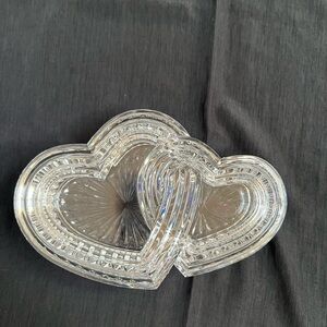 Vintage double hearts lidded lead crystal glass tinket dish